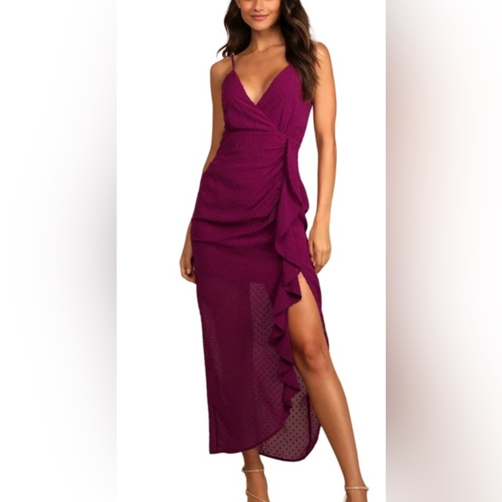Lulus Burgundy Swiss Dot Ruffle High Slit Maxi Dress Evening Formal Occasion